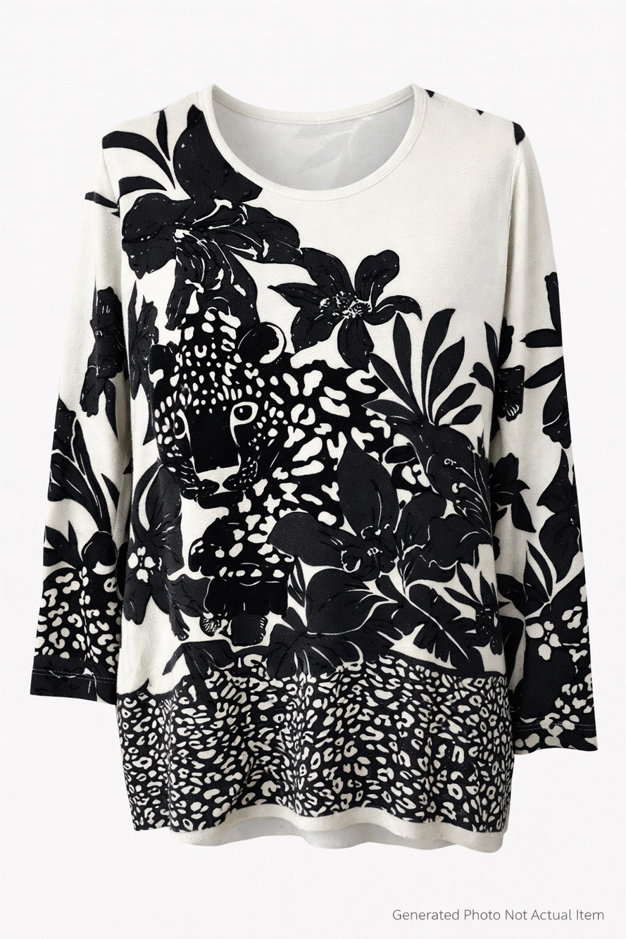 Perri New York Women's Sweater Top 1X Black White Animal Print Floral Beading